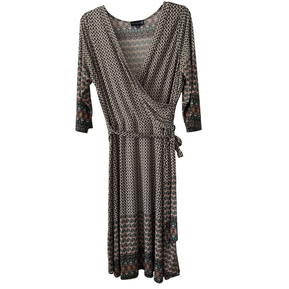 Ryan Wythe Womens 1X Faux Wrap Midi Dress Geometric Tile Print 3/4 Sleeve DB4168